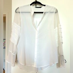 Zara white button down with sleeve pleating and black wrist ties